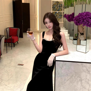 赫本风连衣裙女名媛高级感丝绒吊带礼服party生日小礼裙