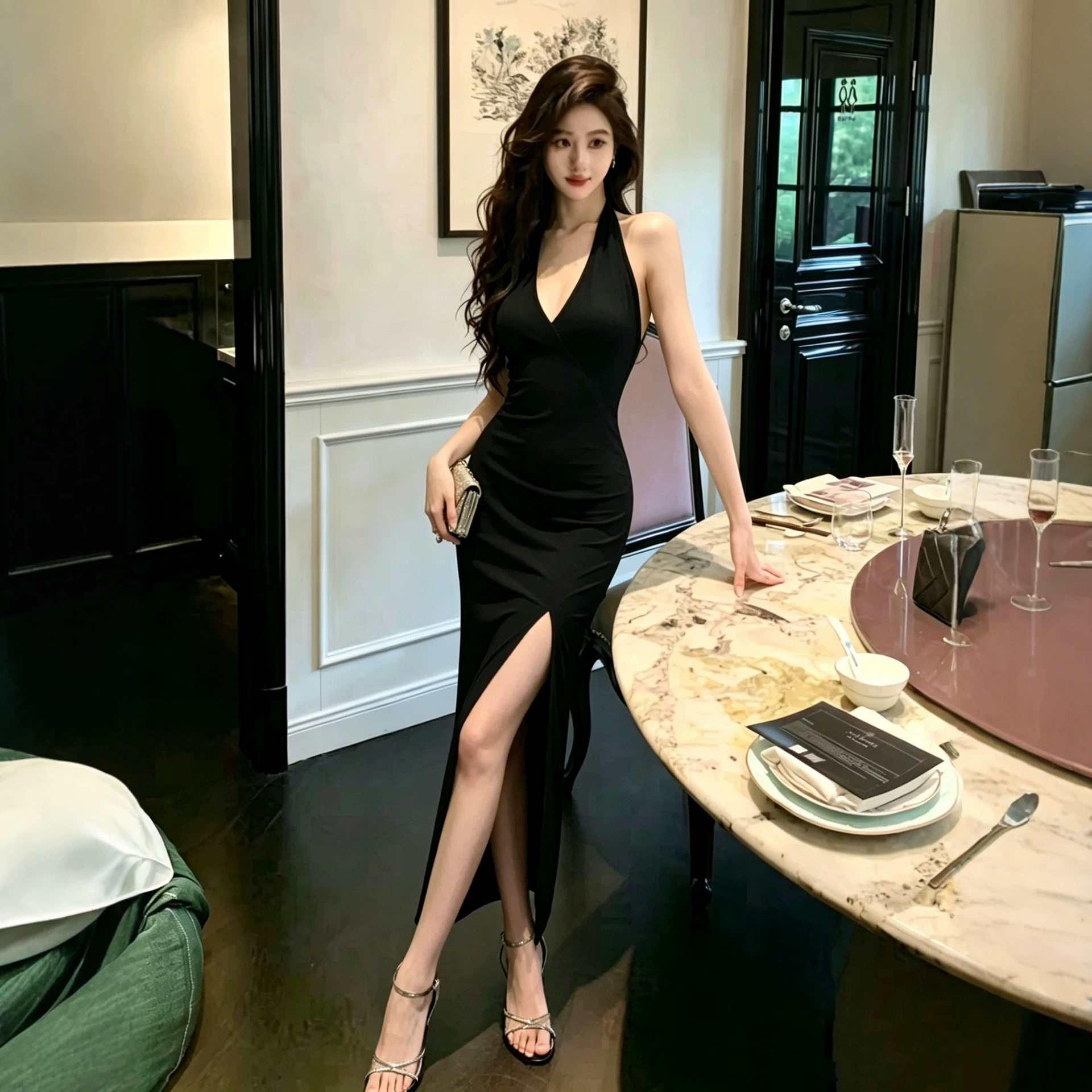 2026新款气质御姐v领挂脖连衣裙女夏季性感收腰开叉包臀长裙子
