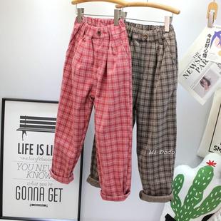 新款 品牌童装 宽松女童百搭格子裤 中大儿童老爹裤 毛呢萝卜裤 19码