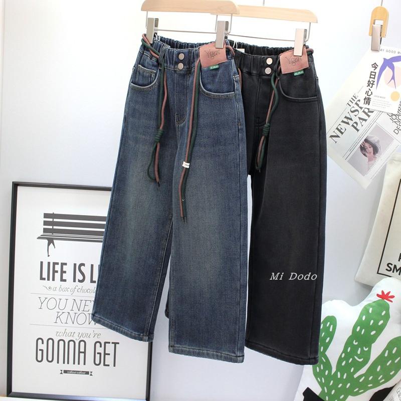 9-19码阳光爱橦冬新男女童窄版加绒牛仔裤中大童一体绒保暖直筒裤