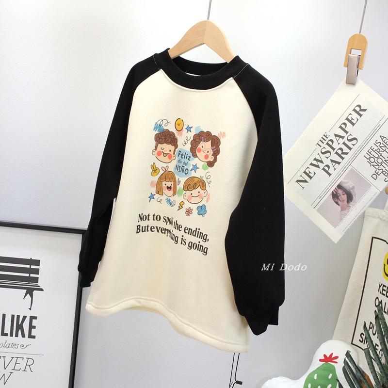 9-19码童乐鱼女童加绒套头卫衣中大儿童韩版圆领卡通人物打底上衣