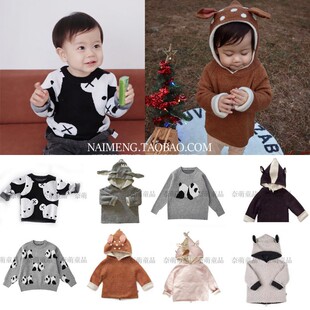 ins款黑白熊猫 长袖针织衫秋冬洋气外套男童装儿童宝宝毛衣麋鹿衣