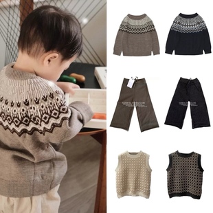 冬羊毛保暖 亲子直筒裤 Fub儿童长袖 提花圆领纯色宝宝毛衣男女无袖