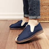 手工新款 棉麻圆头拼色平跟潮 车缝线一脚蹬懒人鞋 亚麻鞋 牛筋底布鞋