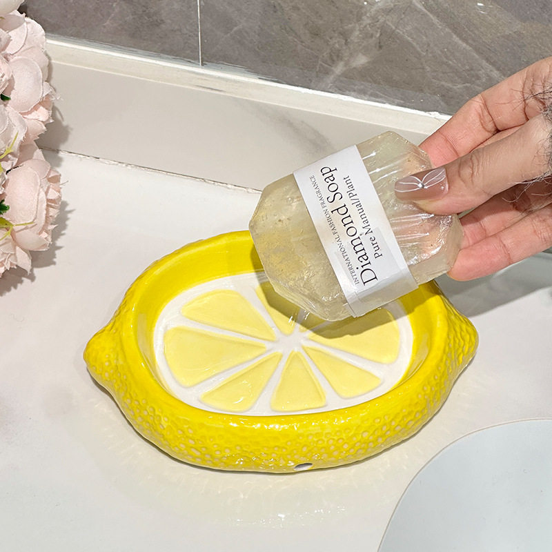 轻奢家用陶瓷柠檬肥皂盒免打孔卫生间高档创意浴室香皂盒自动沥水