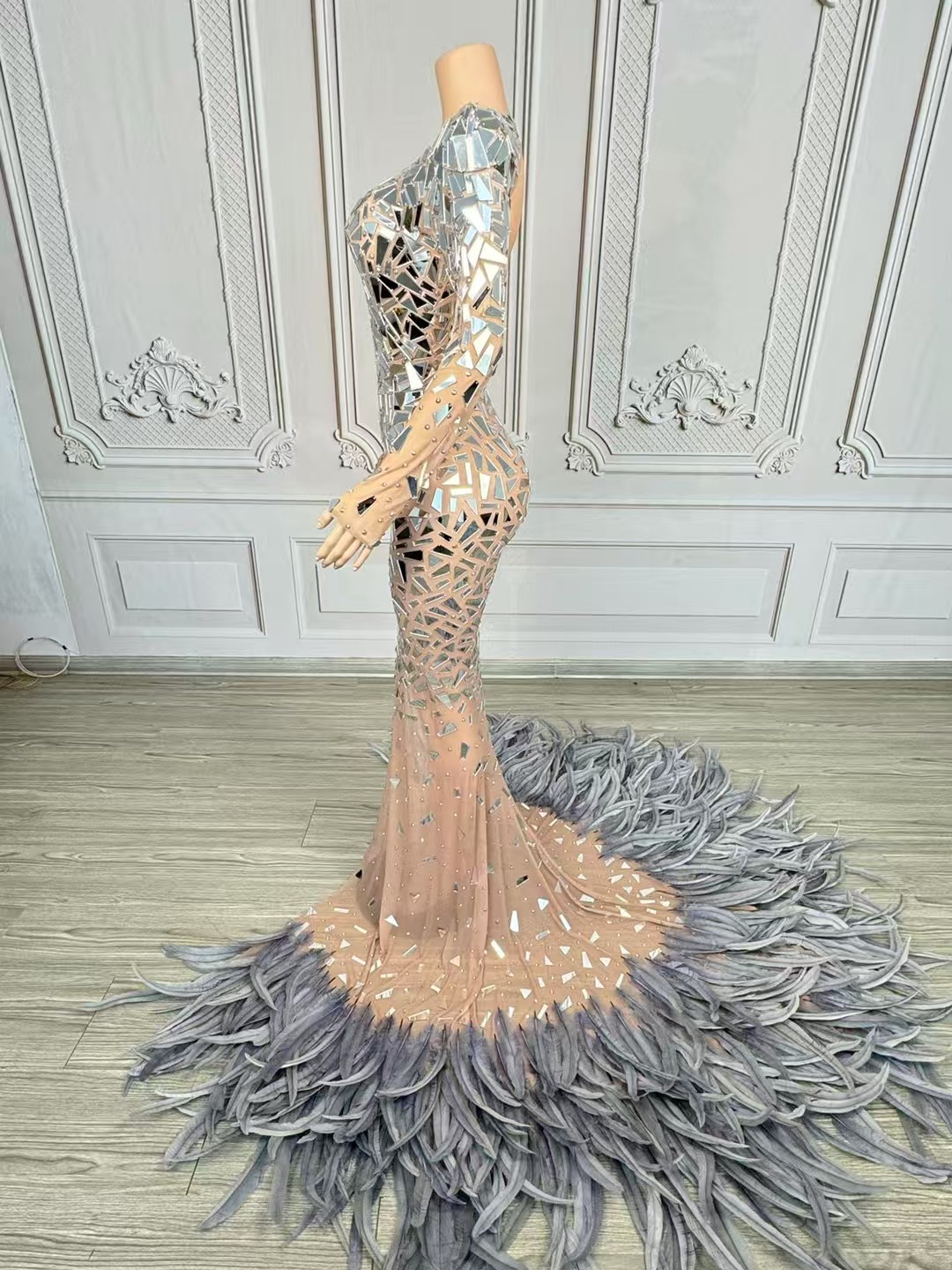 Cally家大气模特走秀比赛镜片银羽毛高叉连衣裙影楼静展礼服女