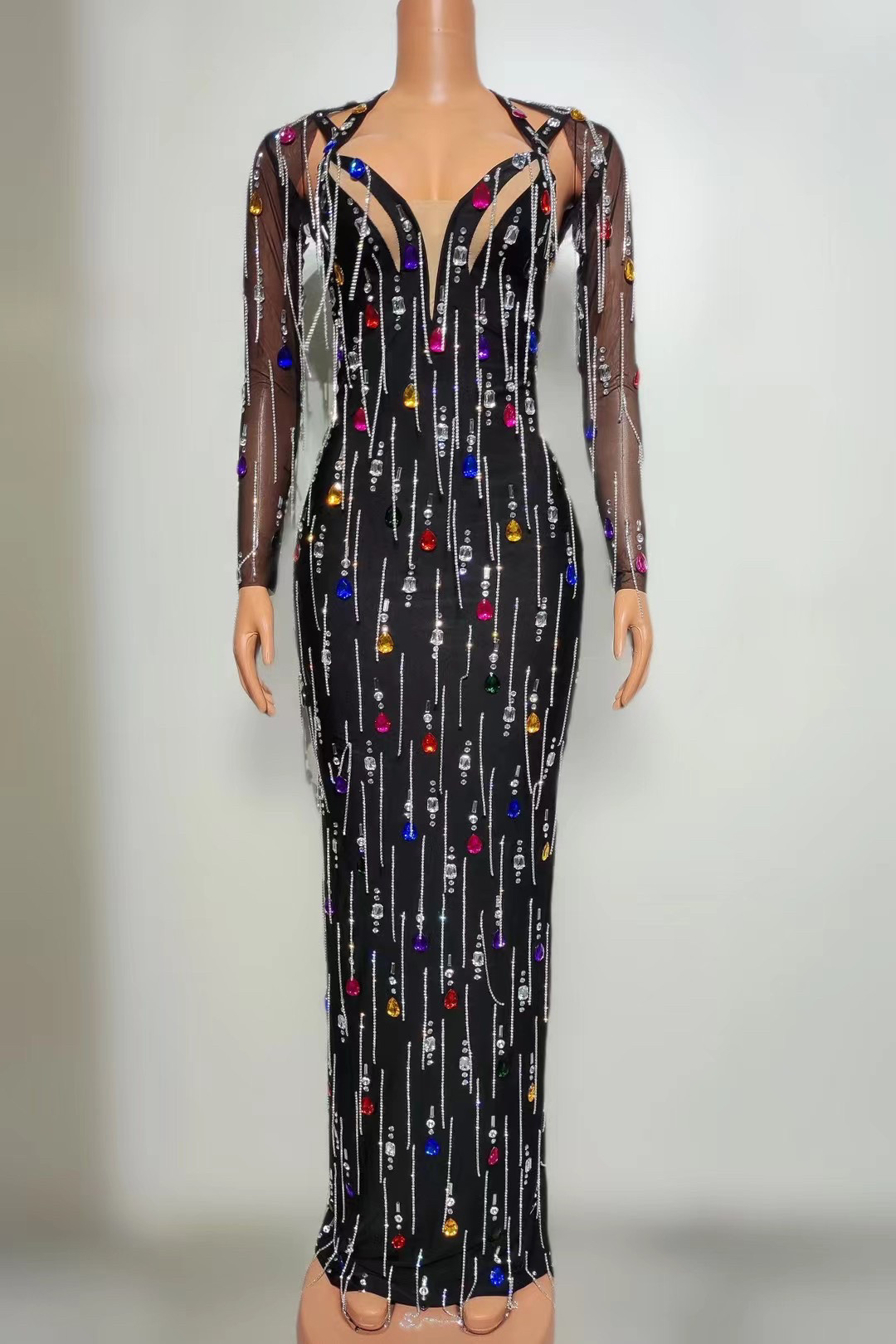 高端定制 黑色气质女王性感露腰两件套重工长裙年会红毯礼服dress