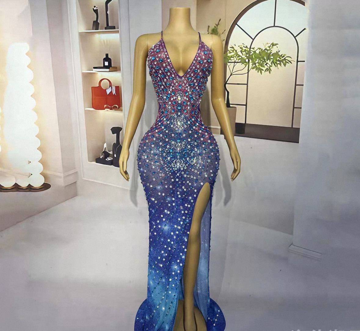 钻石礼服独星海渐变吊带V领露背长裙舞会走秀俱乐部晚跨年礼服
