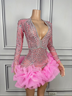 舞台演出服芭比粉舞深v衣领网纱裙摆性感包臀满钻女歌手礼服