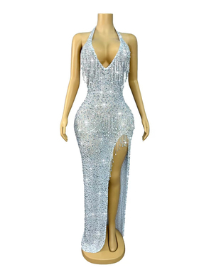 白色钻石礼服深v网纱透视度假风连衣裙鸡尾酒派对晚礼服生日礼服