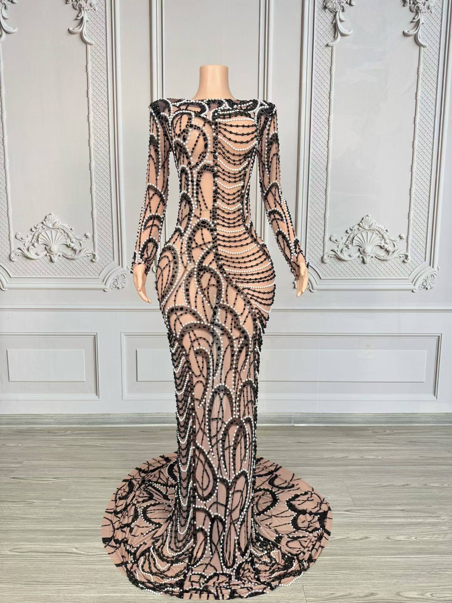 dres珍珠拖尾长裙长袖闪钻修身晚装年会生日颁奖红毯表演晚礼服,商务/设计服务,礼品定制,淘宝优惠券,粉丝福利购,淘宝优惠卷