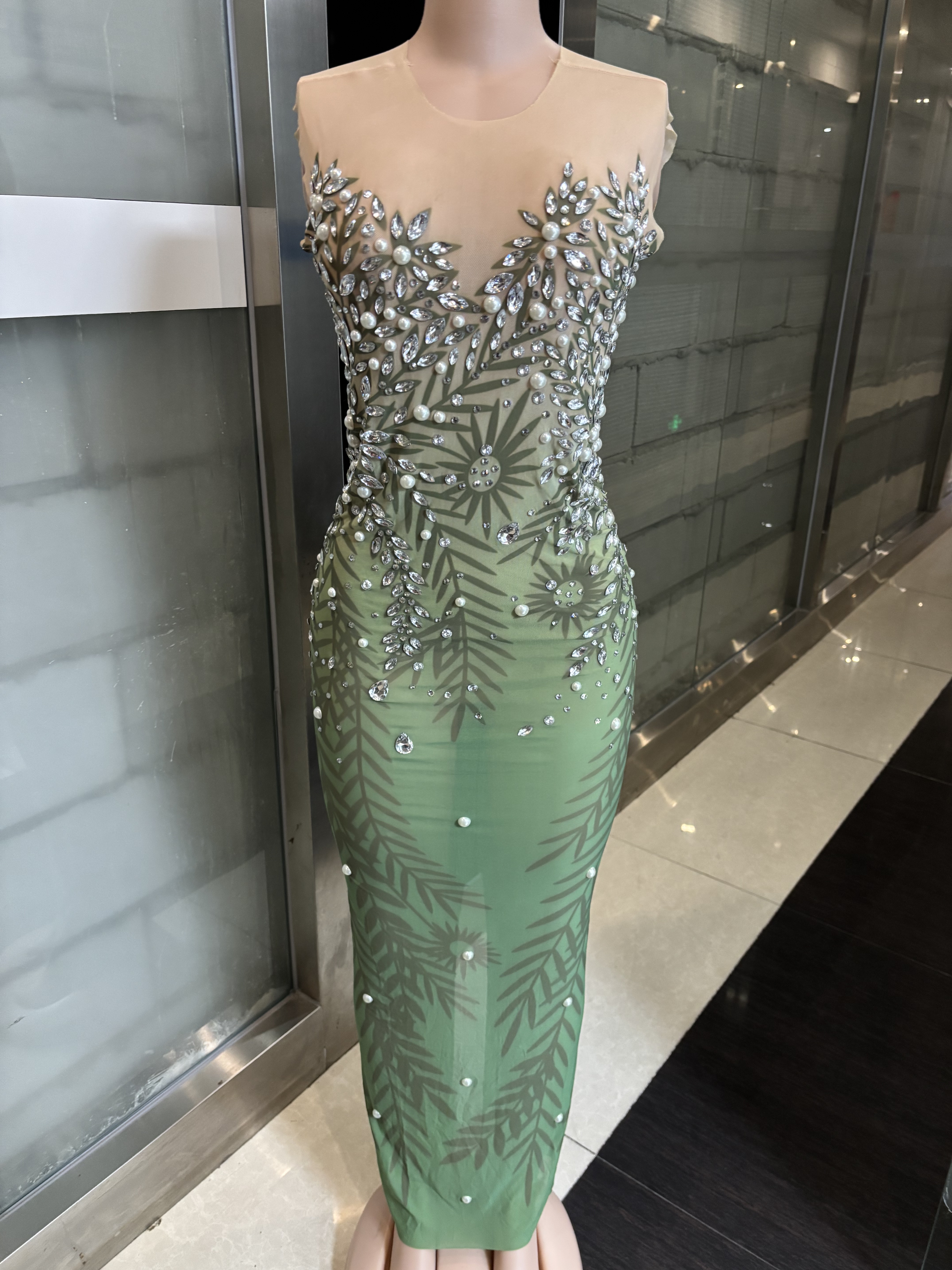无袖渐变绿长裙珍珠钻石晚礼服歌手舞台俱乐部演出服女主持服装