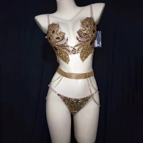 吊带背心比基尼套装女士欧美风轻奢水钻印花夜店女钢管舞DJ表演服