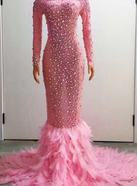 女歌手亚马逊热卖闪耀红色彩钻性感晚礼服主持服网纱修身时尚长裙