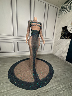 演出服夜店女歌手钻石长裙丹青舞台演出夜店酒吧女满钻网拖尾礼服