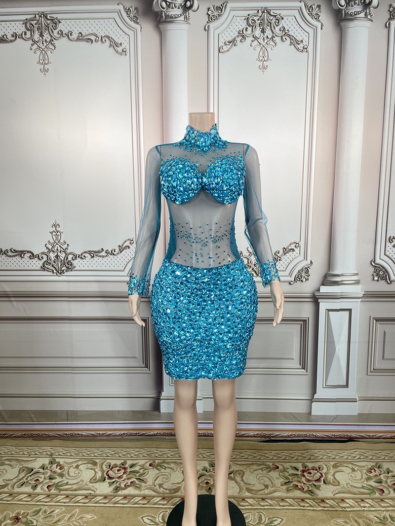 生日舞会闪亮水钻拼接派对礼服女士紧身短裙连衣裙