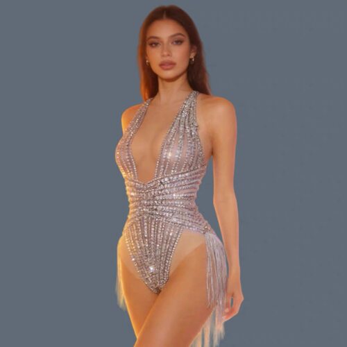 Sparkly Rhinestones Mesh Transparent Sequin Tassel Back Body