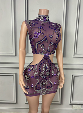 演出服浪漫紫色钻石流苏性感舞会礼服印度礼服派对礼服裙紫藤