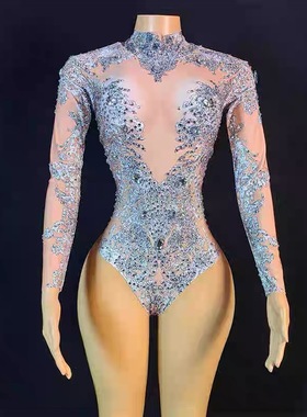 银色烫钻连体衣表演演出服舞会礼服直播酒吧夜店蹦迪歌手演出服