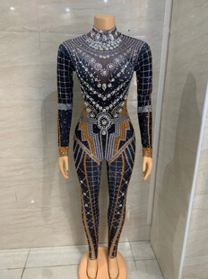 女歌手吊环杂技钢管黑色玻璃钻长连体假透肉弹力显瘦舞台演出服