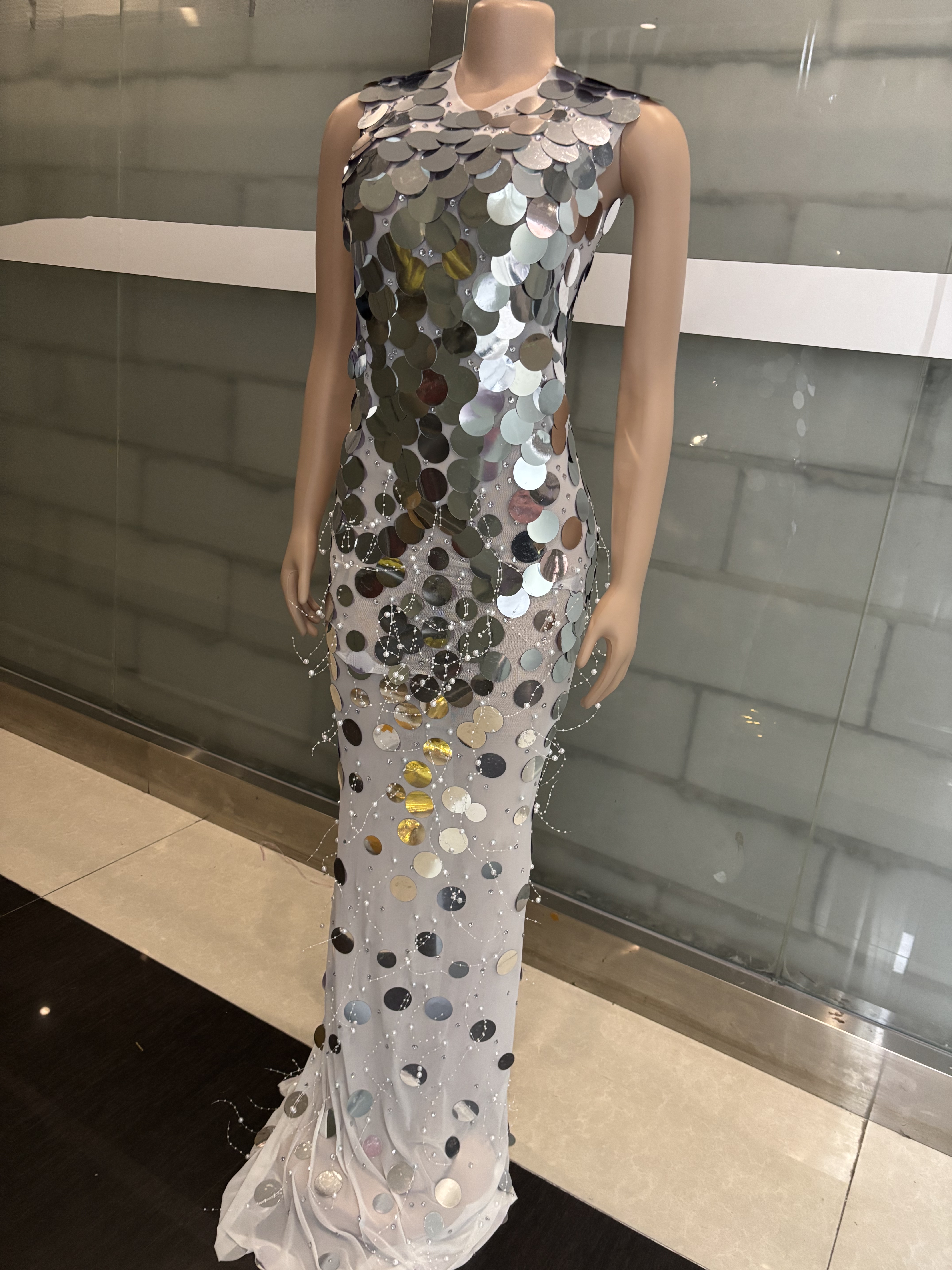 新年演出服夜店酒吧女镜面亮片珍珠长裙修身显瘦连衣裙歌手晚礼服