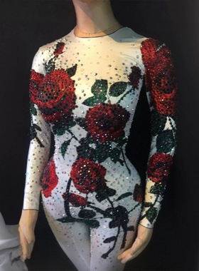 钻石玫瑰连体裤夜店酒吧高端GOGO演出服酒吧djds舞队作秀gogo性感