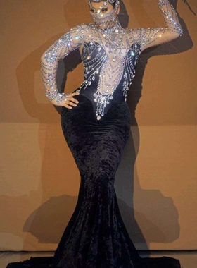 演出服闪亮钻石美人鱼礼服舞会晚优雅华丽的黑色鸡尾酒礼服