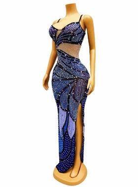 蓝色蝴蝶钻石长裙春日派对演出服冰晶蝶女歌手夜店水钻吊带晚礼服