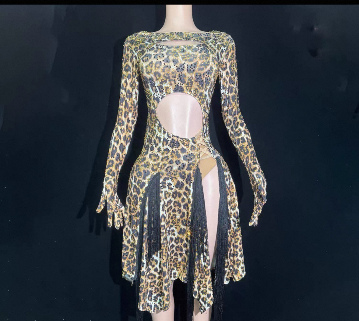 豹纹礼服带手套性感孕妇流苏露背连体衣桑巴舞蹈比赛电音节演出服