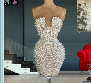 高端定制 dress欧美时尚气质名媛短款包臀珍珠连衣裙年会晚宴礼服