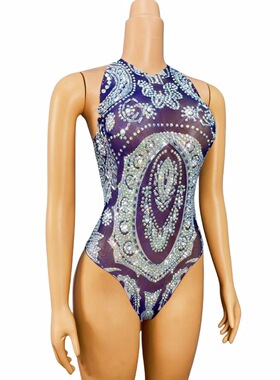 夜店酒吧蓝色手工满钻长袖连体短裤DJ女歌手GOGO性感表演服演出服