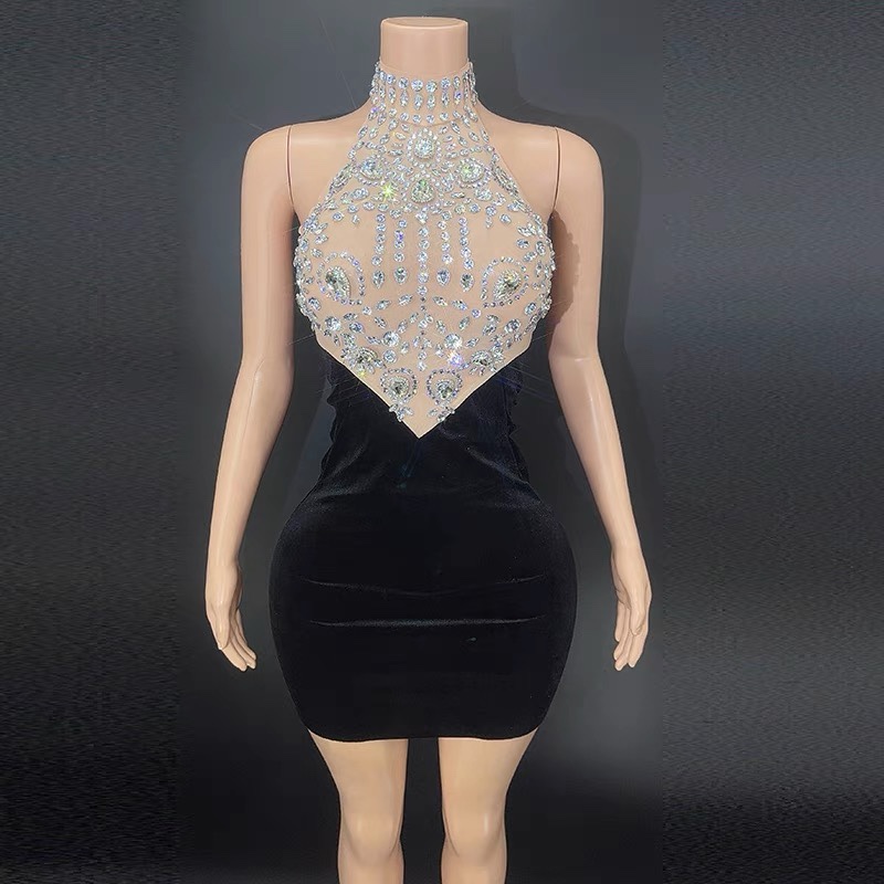 性感礼服Bling Diamond Halter New Fashion Women Party Dress