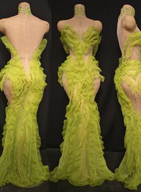 新款绿色长裙女歌手闪钻性感连衣裙夜店演出服酒吧gogo派对服装