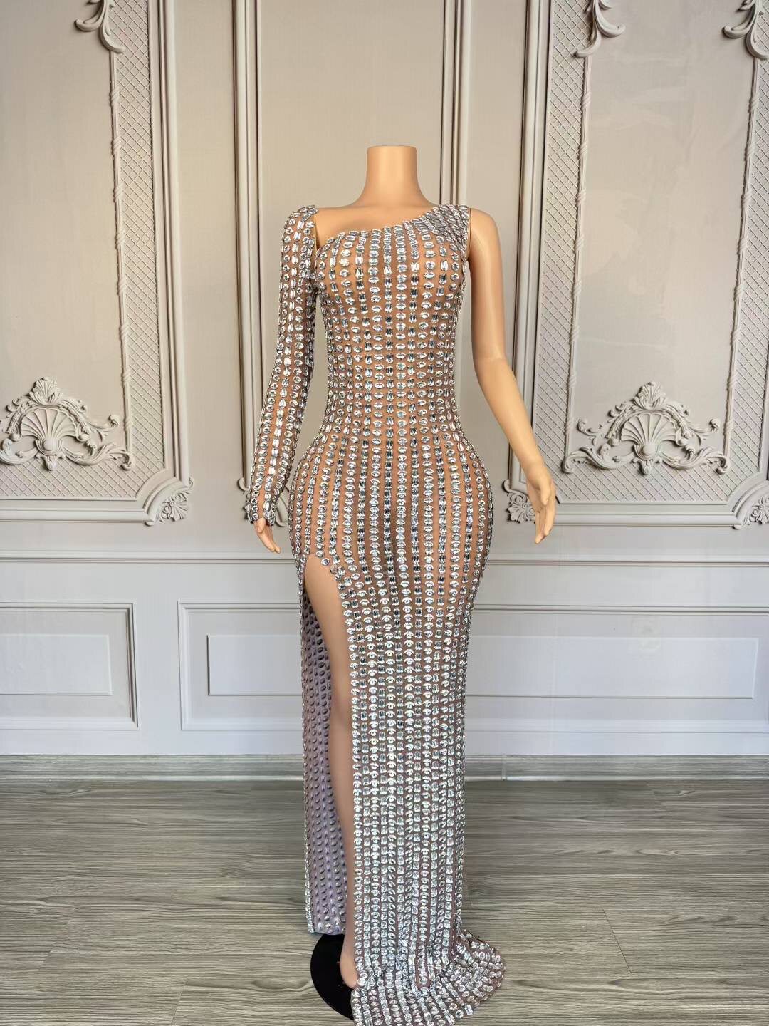 性感晚礼服钻石水钻晚装名媛生日派对单肩礼服影楼高级模特演出服