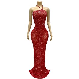 钻石礼服性感挂脖长裙生日party晚礼服年会女主持服装