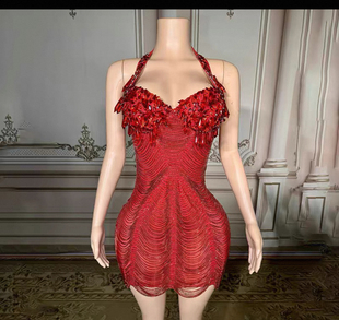 时尚经典正红色水晶链条性感露背挂脖连衣裙晚会颁奖典礼敬酒礼服