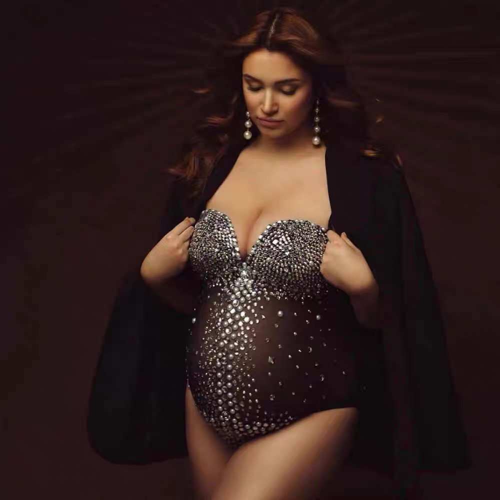 Luxurious Maternity Photography Bodysuit Rhinestones Pearls