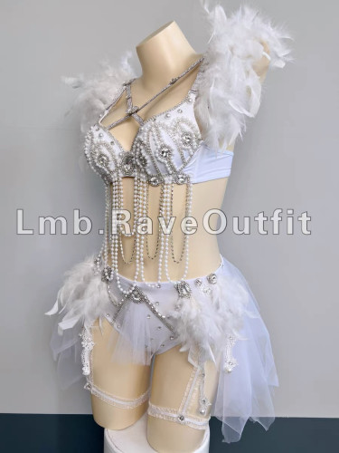 女歌手演出服白羽毛珍珠奢华流苏挂链Rave战服电音节服饰写真摄影