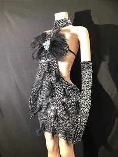 黑色新款闪闪亮片华丽羽毛挂脖连衣裙生日派对宴会晚礼服