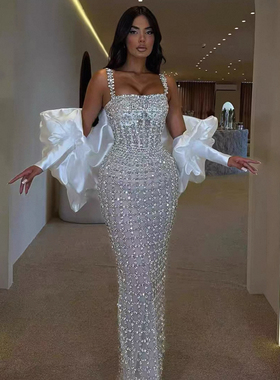 白色钻石礼服裙衣袖吊带连衣裙万国小姐大赛走秀聚会宴会晚礼服
