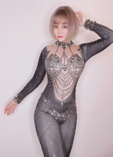 女歌手杂技钢管DjDs黑红紫色玻璃钻长连体衣紧身高弹舞台表演出服