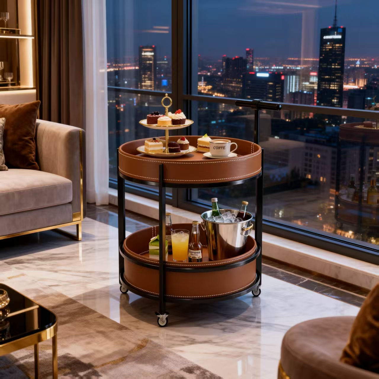 轻奢马鞍皮静音轮移动边几小推车