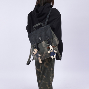 rebirth野生设定双肩废土通勤复古牛仔包真皮书包大容量拼接流浪