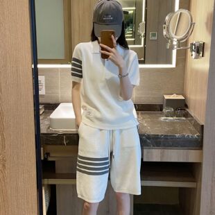 华夫格polo衫短袖TB套装女春夏宽松休闲运动风五分短裤两件套装