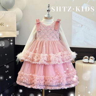 高端女童连衣裙秋冬款 儿童粉色生日礼服公主裙洋气加绒背心裙套装