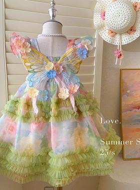 女童连衣裙夏装2025新款宝宝绿色碎花裙子儿童蝴蝶翅膀飞袖背心裙