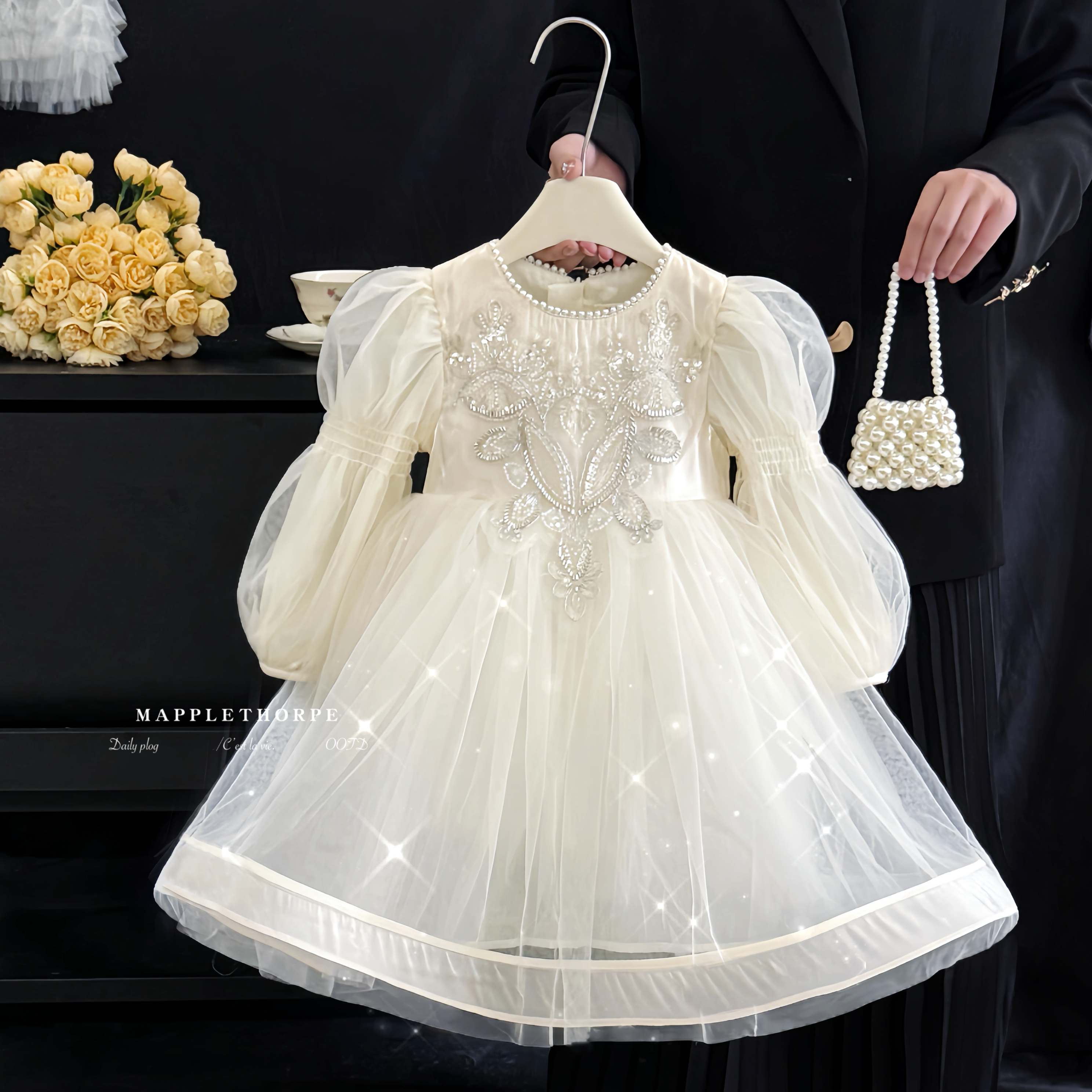 女童连衣裙春秋2025新款洋气小女孩花童礼服公主裙儿童高端蓬蓬裙