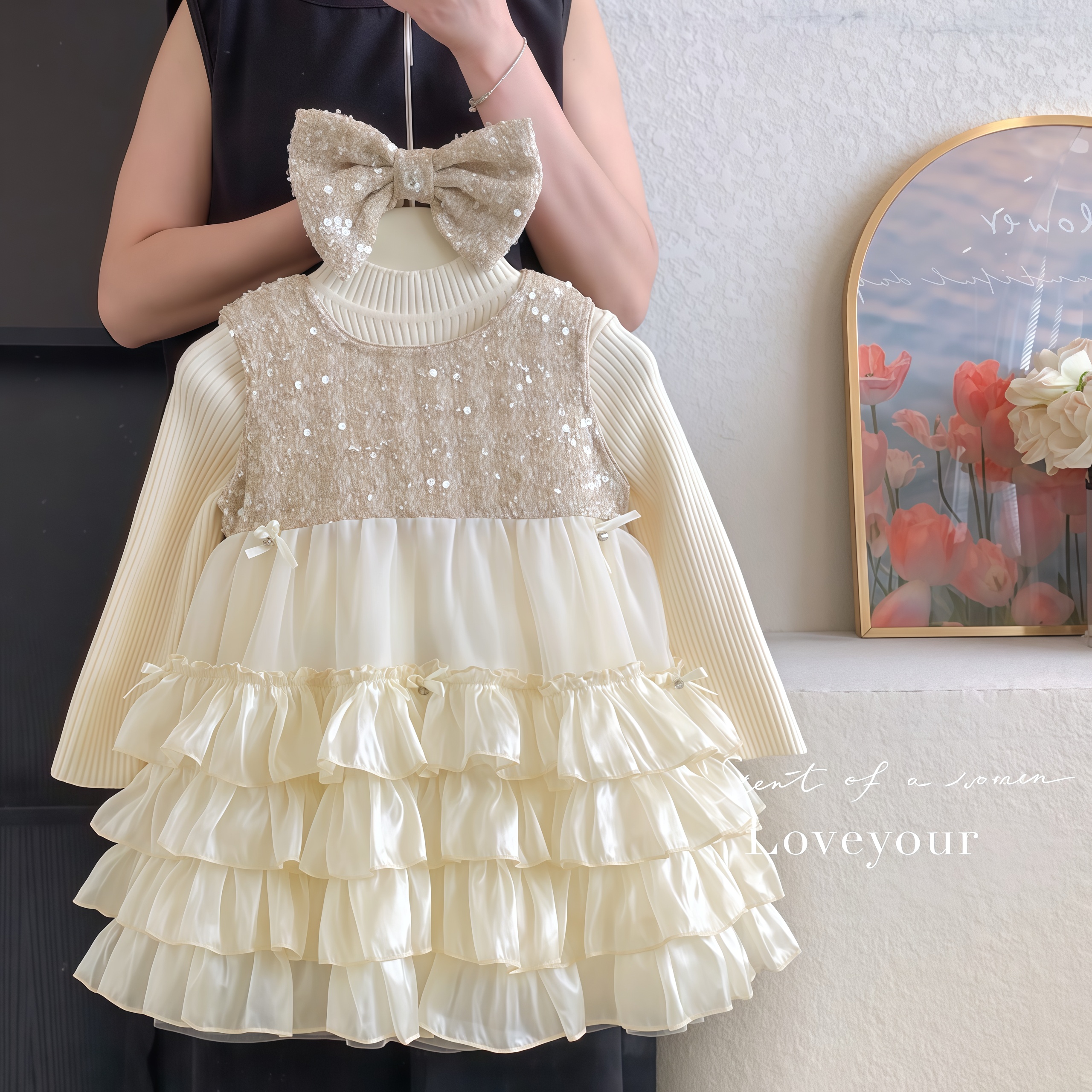 女童秋冬时髦香槟蛋糕亮片公主裙