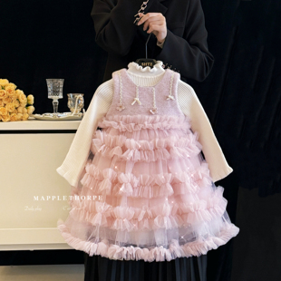 女童加绒连衣裙冬装儿童生日礼服背心裙套装洋气高级感粉色蓬蓬裙