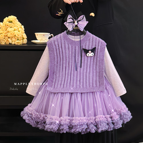 女童甜美针织马甲长袖网纱蓬蓬裙